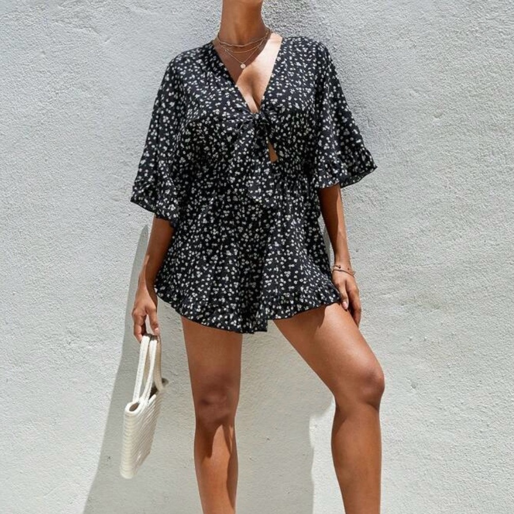 Black and white floral romper